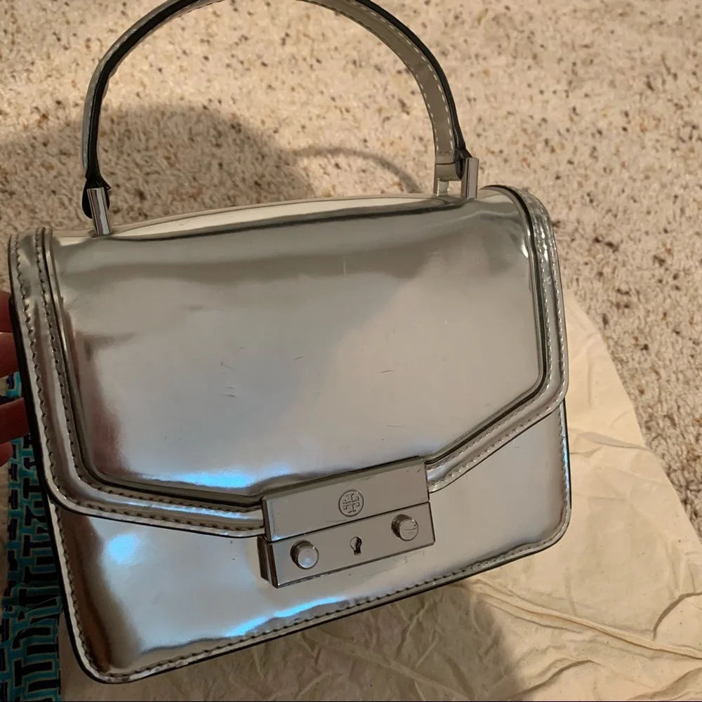 Tory Burch Metallic Silver Top-Handle Satchel